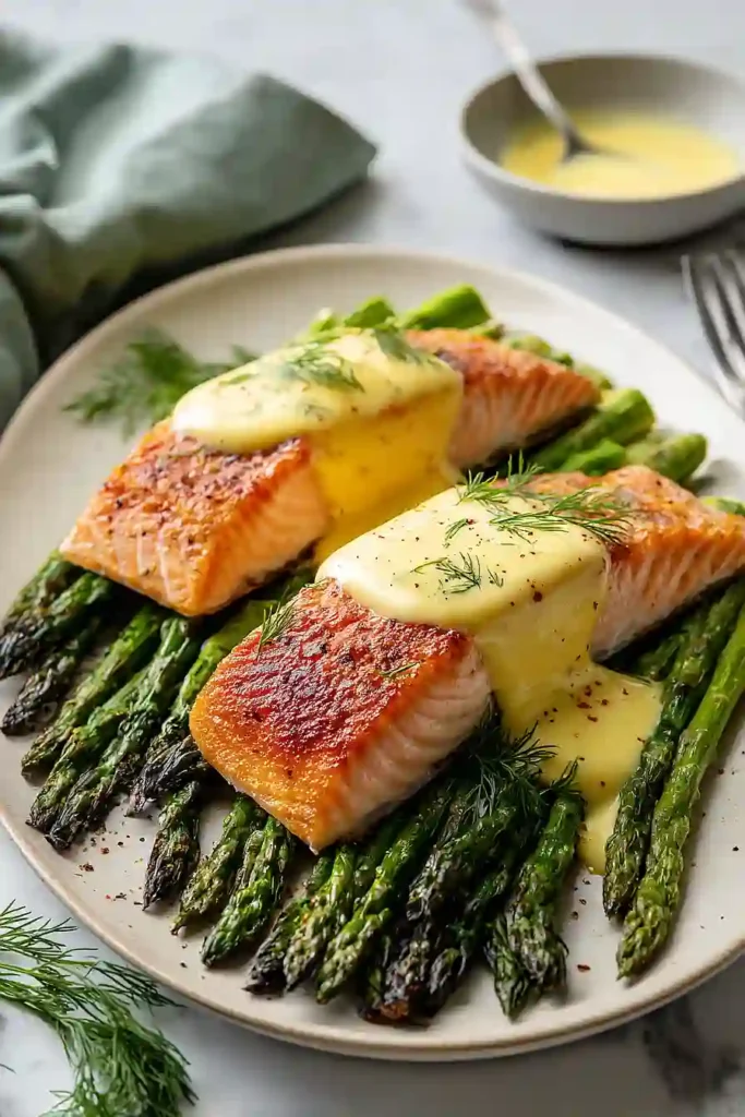 salmon and asparagus with hollandaise sauce