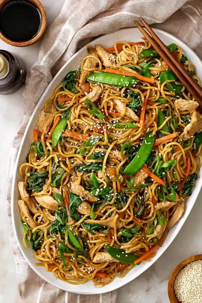 chicken lo mein with spinach