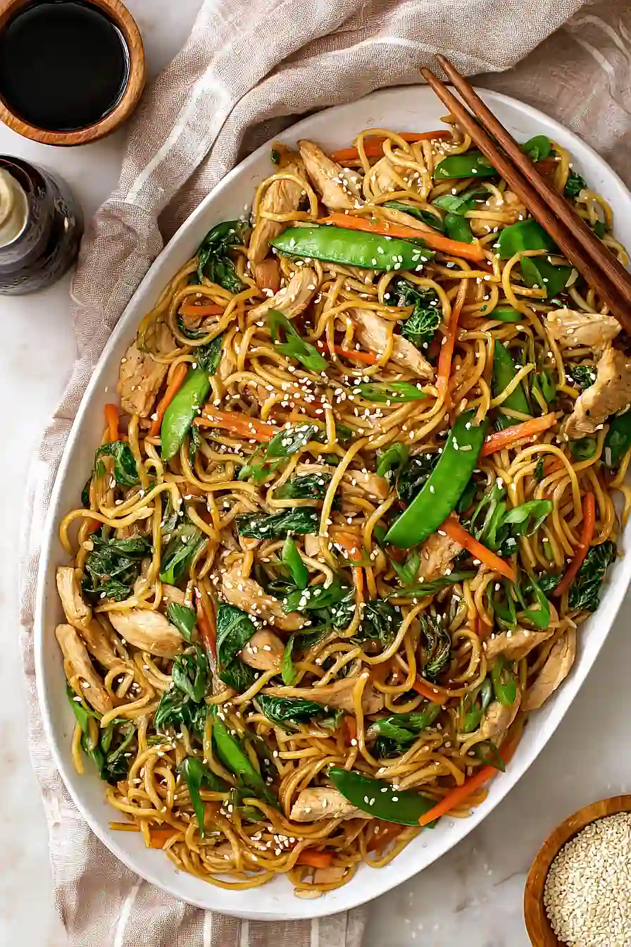 chicken lo mein with spinach
